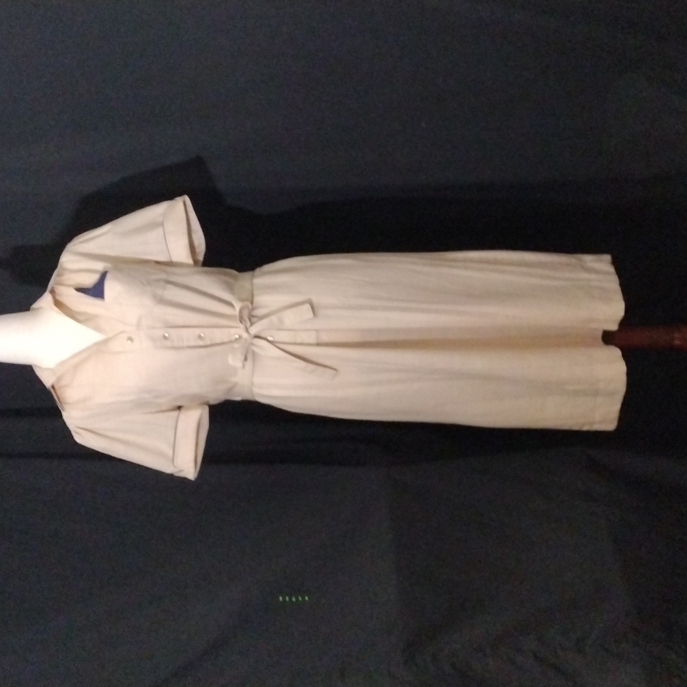 VTG NWOT 50s-60s Schrader New York Beige S.Sleeve Dress Blue Pocket Square Sz 10